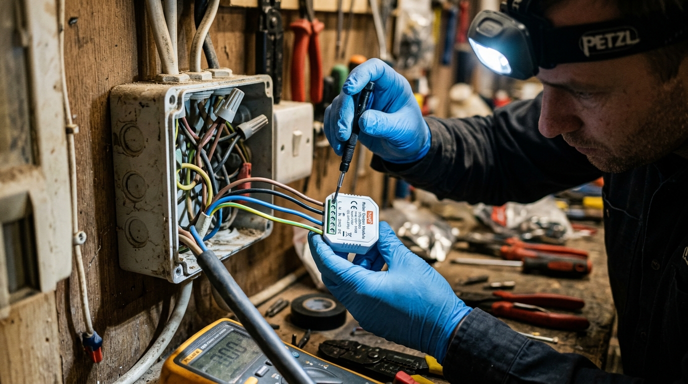 Conexión eléctrica de un motor de persiana a un módulo inteligente | PROMPT: Primer plano de un técnico conectando los cables (marrón, negro, azul y tierra) de un motor de persiana a un pequeño módulo inteligente dentro de una caja de registro. Se ven herramientas de precisión y una linterna de cabeza iluminando la zona de trabajo. Estilo fotografía de bricolaje experto.