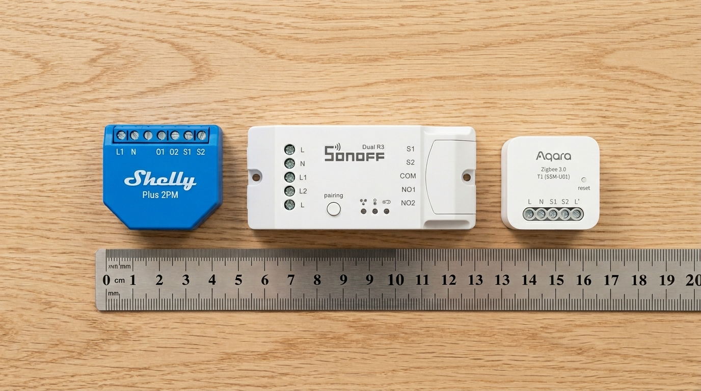 Comparativa visual de tres módulos inteligentes: Shelly, Sonoff y Aqara puestos uno al lado del otro sobre una mesa de madera | PROMPT: Fotografía de producto tipo "flat lay" sobre fondo de madera clara. Se muestran tres dispositivos domóticos: un Shelly Plus 2PM azul, un Sonoff Dual R3 blanco y un módulo Zigbee de Aqara. Una regla metálica al lado muestra sus dimensiones reales. Iluminación de estudio, nítida, profesional.