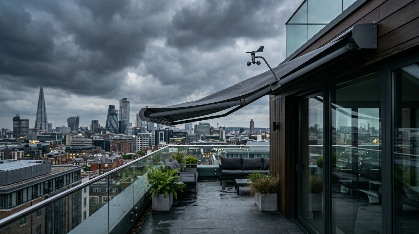 Escena de una terraza moderna con toldo inteligente recogiéndose automáticamente ante el viento | PROMPT: Fotografía de arquitectura de una terraza ático. Un toldo de lona antracita se está enrollando automáticamente en su cofre metálico. En el brazo del toldo se ve un pequeño sensor de viento. El cielo está nublado, sugiriendo una tormenta inminente. Estilo cinematográfico, alta resolución, enfoque en el movimiento del toldo.