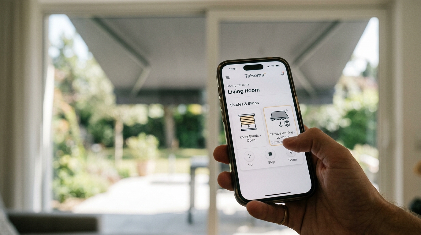 Detalle de la interfaz de la app Somfy en un smartphone controlando un toldo | PROMPT: Primer plano de un smartphone moderno mostrando la aplicación Somfy TaHoma con iconos de persianas y un toldo. De fondo, desenfocado, se aprecia un ventanal con un toldo bajando suavemente. Estética tecnológica, luz natural, enfoque nítido en la pantalla del teléfono.