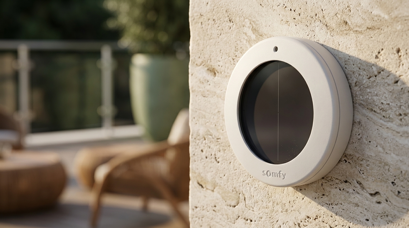 Fotografía macro profesional de un sensor solar circular de diseño minimalista y acabado blanco mate, montado sobre una pared de piedra caliza texturizada. La luz natural de la tarde incide de forma lateral realzando las vetas de la piedra y los detalles técnicos del dispositivo. En el fondo, un bokeh elegante de una terraza moderna. Estética de revista Architectural Digest, resolución 8k, iluminación suave, detalle extremo en los materiales.