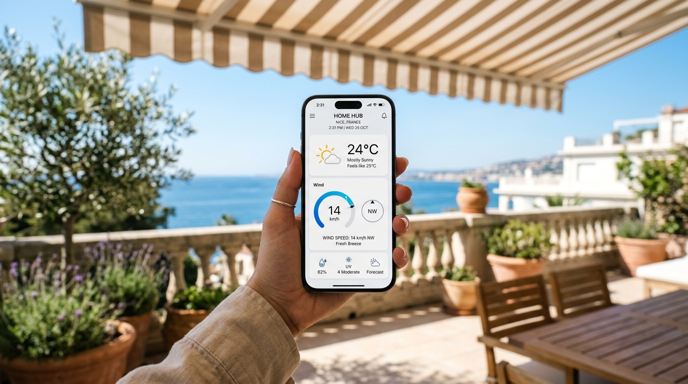 Fotografía de estilo de vida tecnológico mostrando la mano de una persona sosteniendo un smartphone de gama alta. En la pantalla se visualiza una aplicación de domótica con una interfaz limpia, iconos minimalistas de clima y gráficos circulares de velocidad de viento. El fondo está desenfocado mostrando una terraza mediterránea luminosa con un toldo de tela premium. Iluminación natural vibrante, composición cinematográfica, ultra alta definición, 8k.