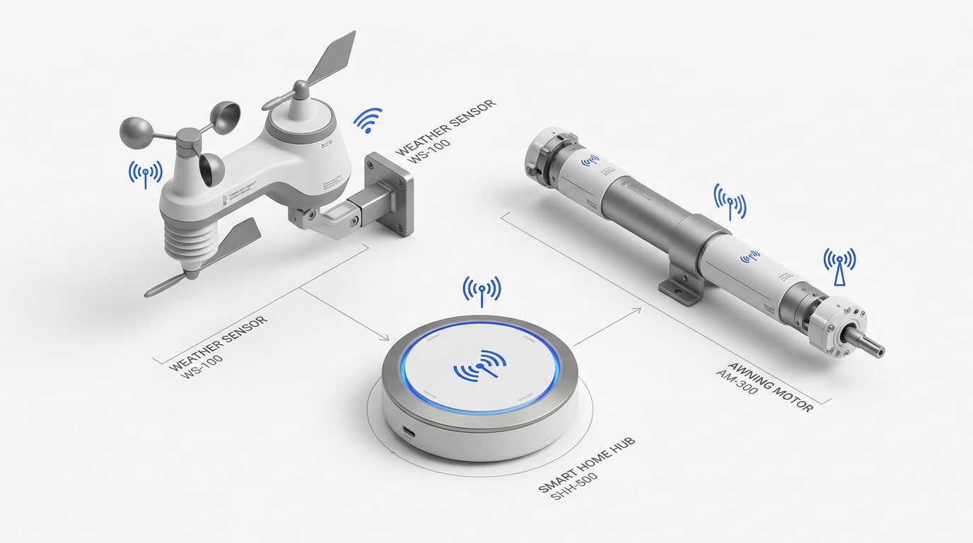 Diagrama técnico de conexión de un sensor meteorológico | PROMPT: Composición visual técnica de estilo isométrico y minimalista sobre fondo blanco infinito. Representación tridimensional de tres componentes tecnológicos: un sensor meteorológico exterior, un hub inteligente circular y un motor tubular de precisión para toldos. Diseño industrial limpio con acabados en blanco y gris metalizado, iconos lineales simplificados en azul cobalto para representar la conectividad inalámbrica, iluminación de estudio suave sin sombras duras, estética de catálogo de ingeniería premium, 8k.