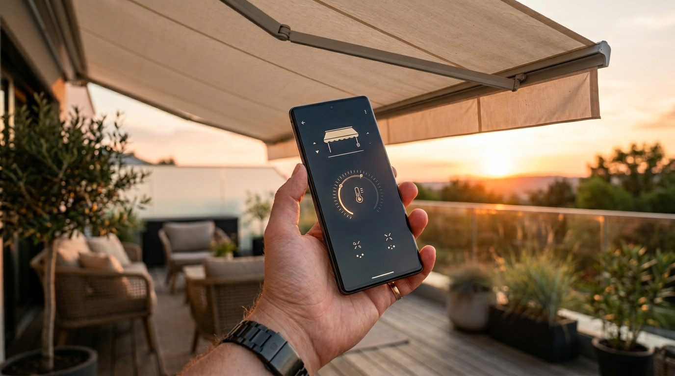 Interfaz de aplicación móvil controlando un toldo automatizado | PROMPT: Fotografía de estilo lifestyle tecnológico en plano detalle de una mano sosteniendo un smartphone con pantalla OLED brillante. La pantalla muestra una interfaz de usuario minimalista con un dial de control y gráficos de temperatura (sin texto legible). De fondo, con un bokeh artístico y desenfocado, se aprecia un toldo de lona cruda recogiéndose sobre una terraza moderna durante la hora dorada. Luz cálida natural de atardecer, atmósfera aspiracional y tecnológica, calidad fotográfica ultra realista, 8k.