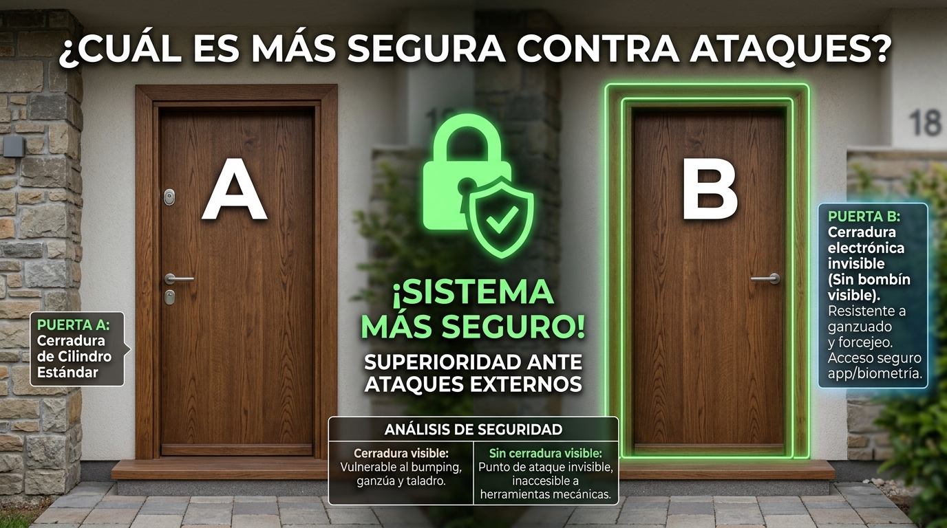 Comparativa visual de dos puertas. La izquierda tiene una cerradura inteligente de cilindro visible. La derecha es una puerta lisa sin nada por fuera, con una lupa mostrando el cerrojo Nivian instalado por dentro. Estilo limpio, luz de día, alta resolución. | PROMPT: Fotografía comparativa de seguridad doméstica. Dos puertas de madera idénticas vistas desde el exterior. La puerta A tiene una cerradura con cilindro metálico. La puerta B no tiene cerradura visible, solo la maneta. Un gráfico digital superpuesto resalta la puerta B como la opción más segura contra ataques externos. Estilo editorial de revista técnica.