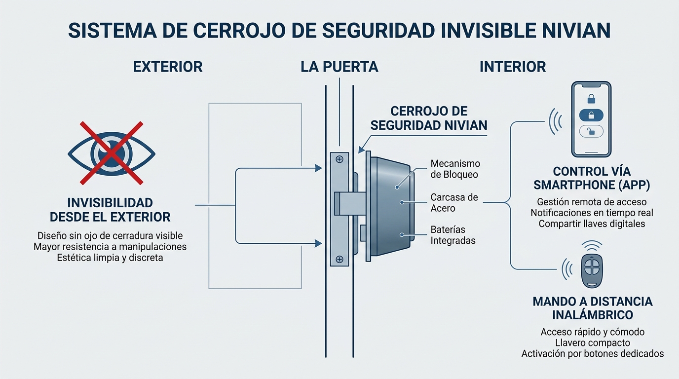Diagrama técnico simplificado que muestra una puerta de entrada en corte lateral. En el exterior (izquierda) no se ve nada. En el interior (derecha) se muestra el cerrojo Nivian enviando una señal WiFi a un router y una señal de radiofrecuencia a un mando. Flechas indican el movimiento del pasador de seguridad. Estilo técnico, fondo blanco, iconos lineales, paleta azul y gris. | PROMPT: Infografía técnica de seguridad para puertas. Diagrama minimalista con una línea vertical que representa la puerta. A la izquierda (exterior) un icono de ojo tachado indicando invisibilidad. A la derecha (interior) el esquema del cerrojo Nivian conectado a un icono de smartphone y un icono de mando a distancia. Colores profesionales azul corporativo y gris acero, sin texto inventado.