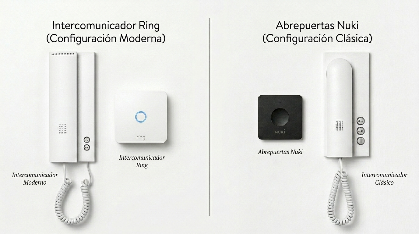 Comparativa visual de dispositivos en pared | PROMPT: Dos fotografías divididas verticalmente. A la izquierda, un Ring Intercom instalado junto a un telefonillo moderno. A la derecha, un Nuki Opener instalado junto a un telefonillo clásico. Fondo de pared blanca minimalista, iluminación de estudio, estética de comparativa de productos premium.