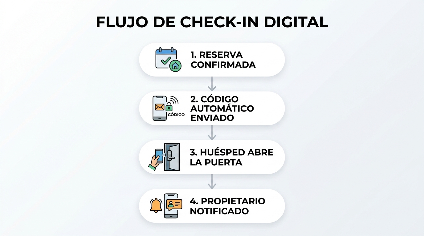 Diagrama de flujo de check-in automático | PROMPT: Un diagrama de flujo minimalista que muestra los pasos: 1. Reserva confirmada, 2. Envío automático de código, 3. Apertura de puerta por el huésped, 4. Notificación al propietario. Iconos modernos y limpios.