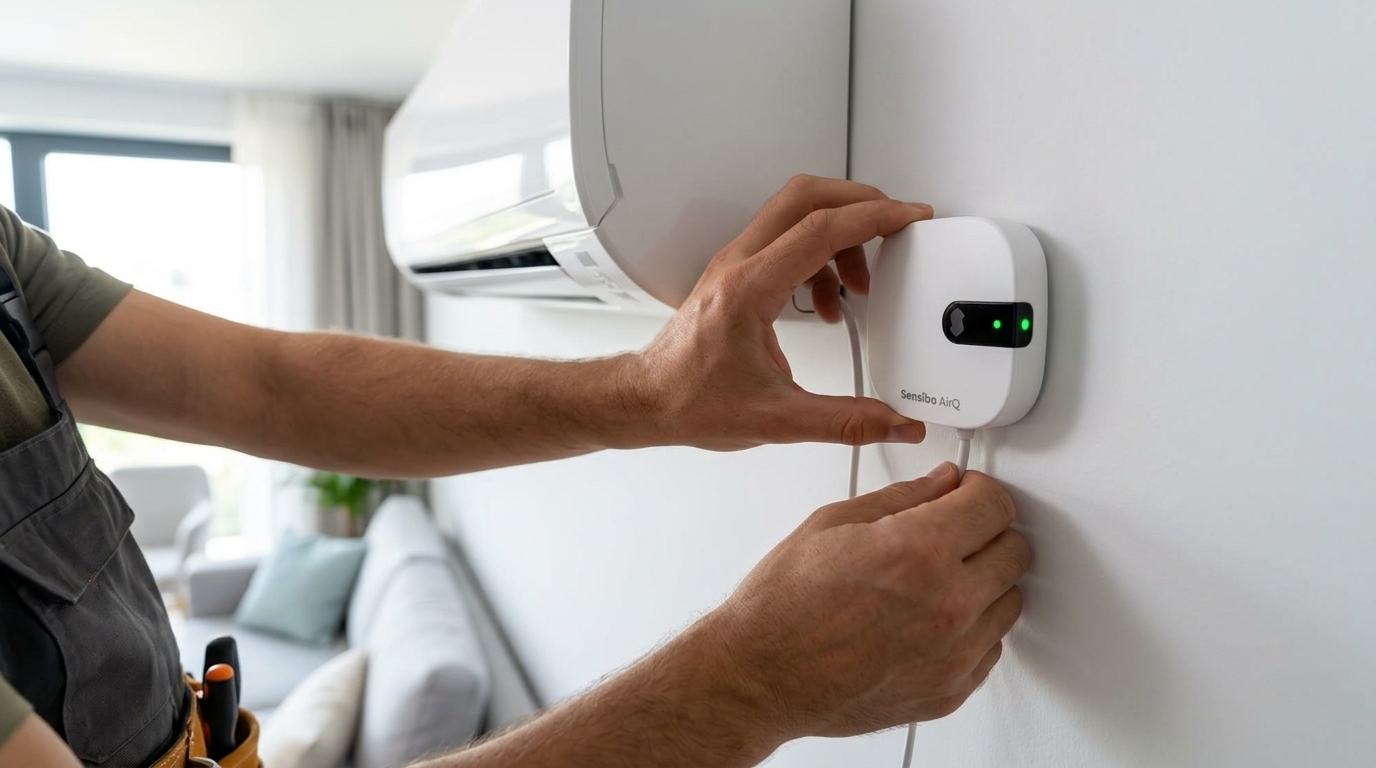 Instalación de controlador de aire acondicionado | PROMPT: Primer plano de unas manos expertas instalando un dispositivo Sensibo Air junto a un split de aire acondicionado en una pared blanca. Se aprecia la luz LED del dispositivo indicando conexión. Luz natural, ambiente de apartamento turístico moderno.