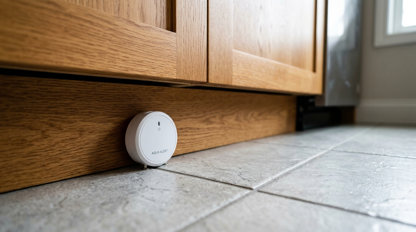 Instalación de sensor de inundación en cocina de diseño | PROMPT: Primer plano de un sensor de agua circular blanco ubicado discretamente debajo de un mueble de cocina moderno con acabados de madera. Se aprecia el suelo de baldosa limpia. Luz natural suave, enfoque en el dispositivo.
