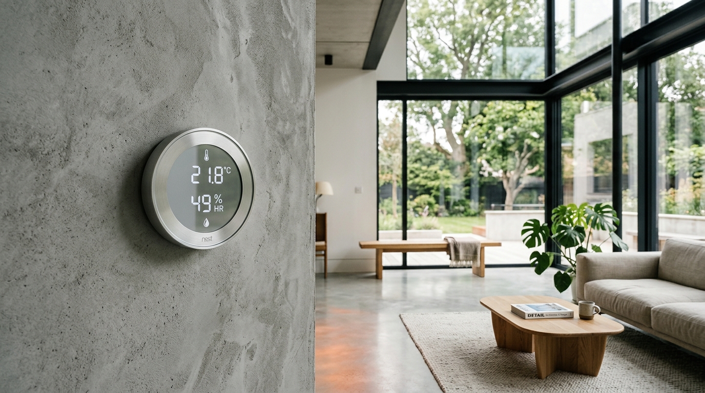 Sensor de temperatura y humedad en pared de diseño moderno | PROMPT: Un sensor de temperatura y humedad circular y minimalista colocado en una pared de microcemento. Al fondo, se intuye una estancia con suelo radiante y grandes ventanales. Estética de revista de arquitectura.