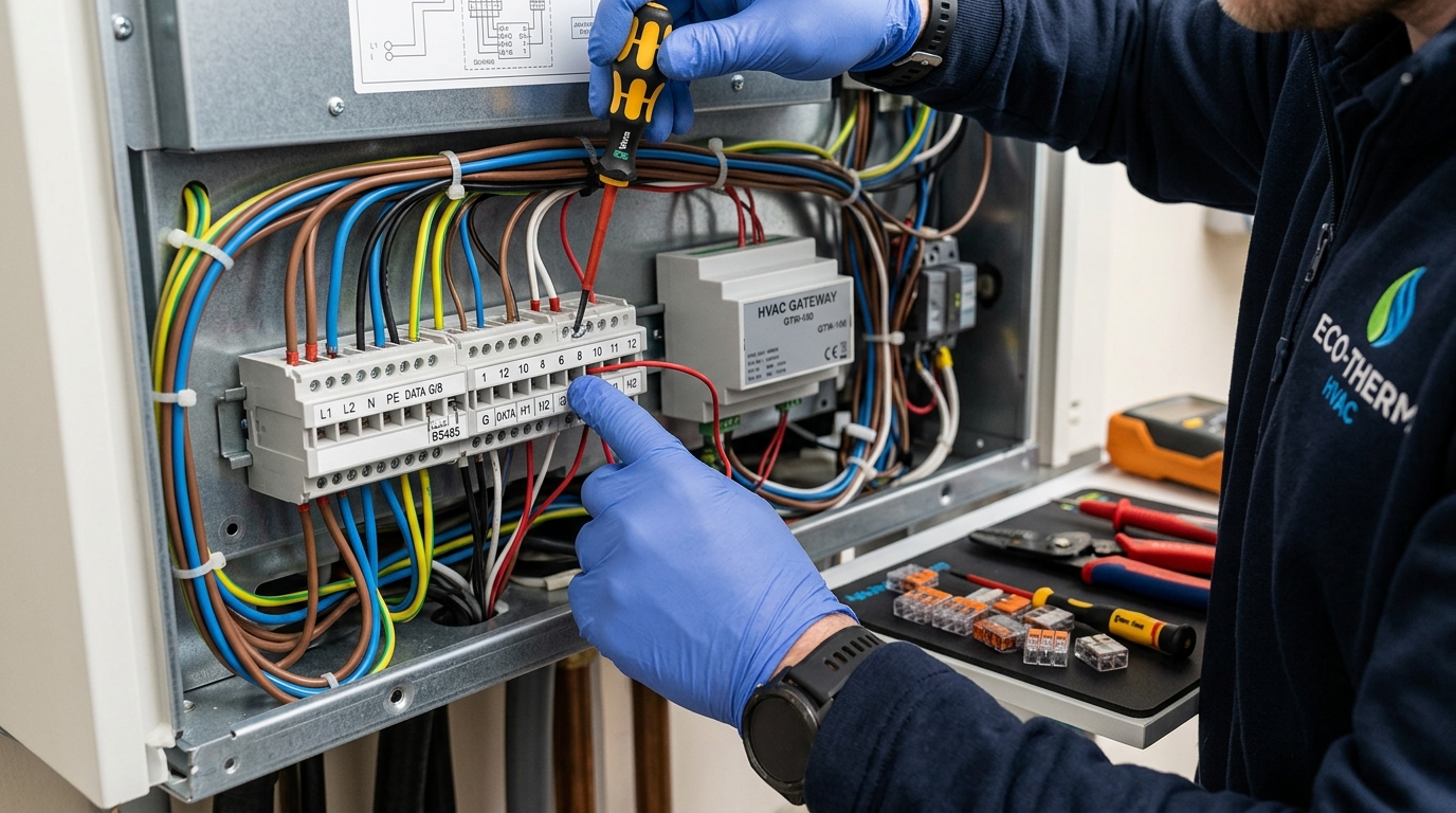 Instalación de pasarela de comunicación en el bus de una unidad interior de aerotermia | PROMPT: Primer plano de una mano experta conectando un pequeño dispositivo electrónico (gateway) a la placa de bornes de una máquina de aerotermia interior. Se ven cables de colores ordenados y herramientas de precisión. Luz clara y enfoque nítido en la conexión.