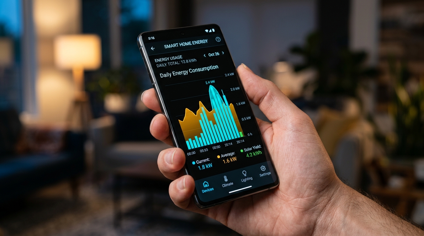 App de monitorización de energía Shelly en smartphone | PROMPT: Fotografía macro de ángulo corto de una mano sosteniendo un smartphone de última generación con pantalla OLED. La pantalla muestra una aplicación de domótica avanzada con gráficos de consumo en colores cyan y ámbar. Estética tech-premium, profundidad de campo cinematográfica, 8k.