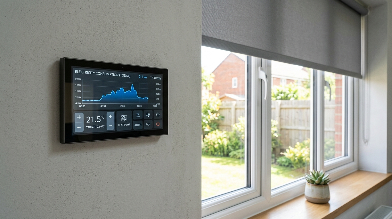 Panel de control energético en pared | PROMPT: Una fotografía de un panel táctil tipo NSPanel Pro instalado en una pared moderna. La pantalla muestra un gráfico de consumo eléctrico en tiempo real y botones para controlar la temperatura de la aerotermia. Al lado del panel, se ve una ventana con persianas automáticas a media altura. Iluminación natural, enfoque nítido en la pantalla.
