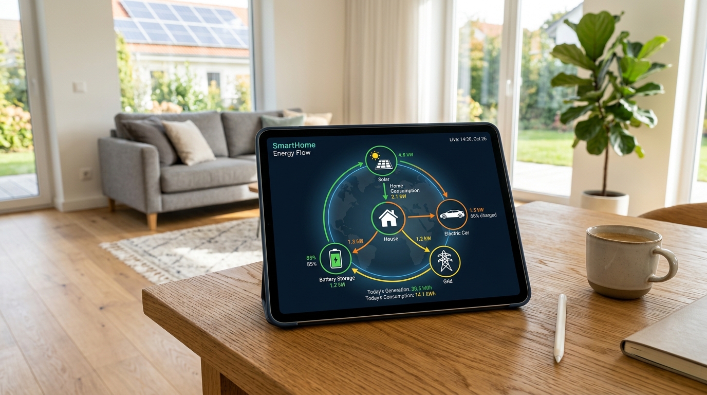 Visualización de excedentes en tablet | PROMPT: Una tablet sobre una mesa de madera mostrando una aplicación de gestión energética. Se ve un círculo que distribuye la energía: de las placas solares hacia la casa y el coche eléctrico. El fondo de la imagen es un salón moderno con suelo radiante. Estilo limpio y profesional.