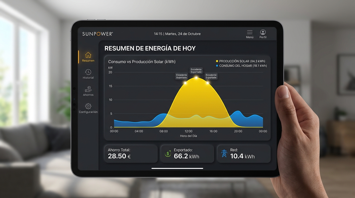 Captura de pantalla de una interfaz domótica mostrando un gráfico de barras comparativo entre producción solar y consumo doméstico | PROMPT: Una interfaz de usuario moderna en una tablet, mostrando un gráfico de área donde la producción solar (amarillo) cubre casi todo el consumo (azul), con pequeños picos de excedentes resaltados. Diseño limpio, modo oscuro.