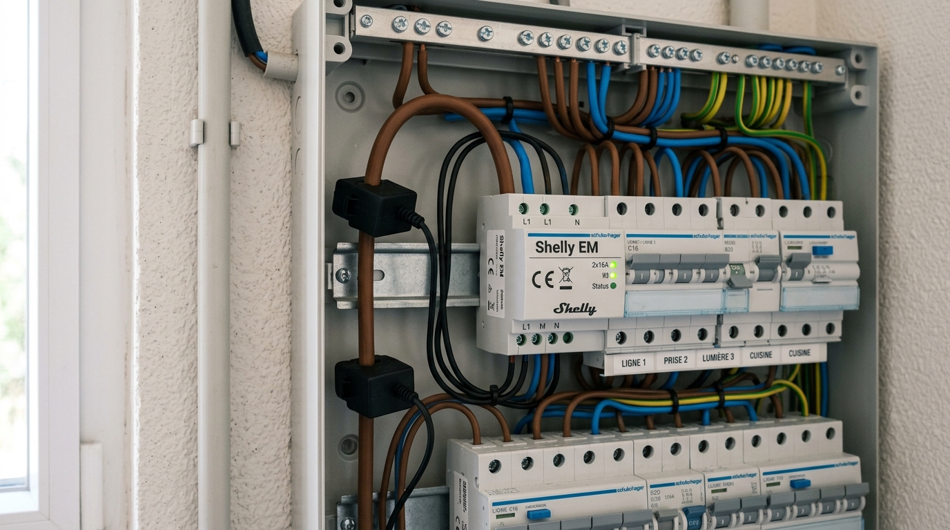 Detalle de un cuadro eléctrico español con un medidor Shelly EM instalado en carril DIN junto a los magnetotérmicos | PROMPT: Fotografía de alta calidad de un cuadro eléctrico real, ordenado, con un dispositivo Shelly EM y sus pinzas amperimétricas colocadas alrededor de los cables de fase. Luz neutra, enfoque nítido en el dispositivo domótico.