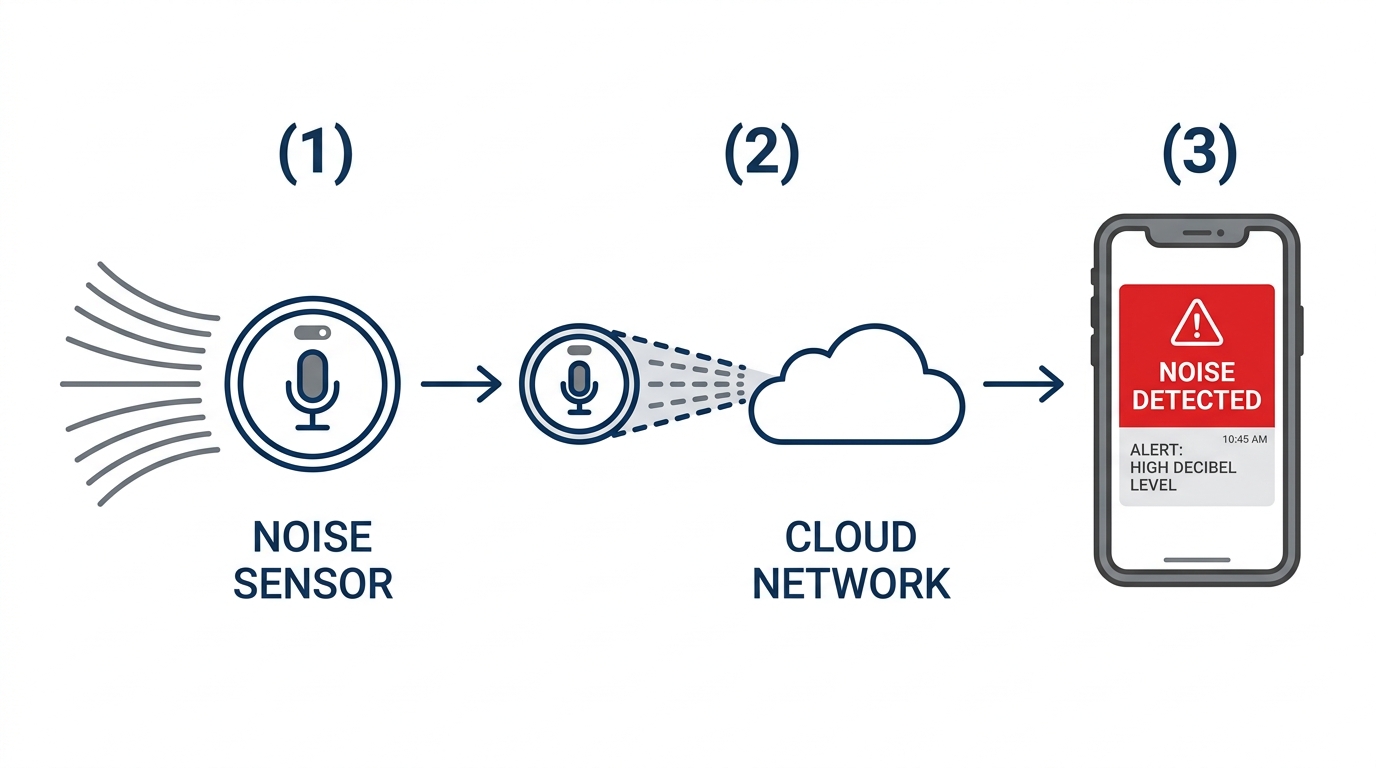 Infografía del proceso de alerta de ruido | PROMPT: Diagrama técnico simplificado con fondo blanco. 3 iconos lineales: (1) Ondas sonoras entrando a un sensor circular -> (2) Rayo de señal hacia un icono de nube -> (3) Smartphone mostrando una alerta roja de 'Noise Detected'. Estilo profesional, colores azul oscuro y gris, sin texto inventado.