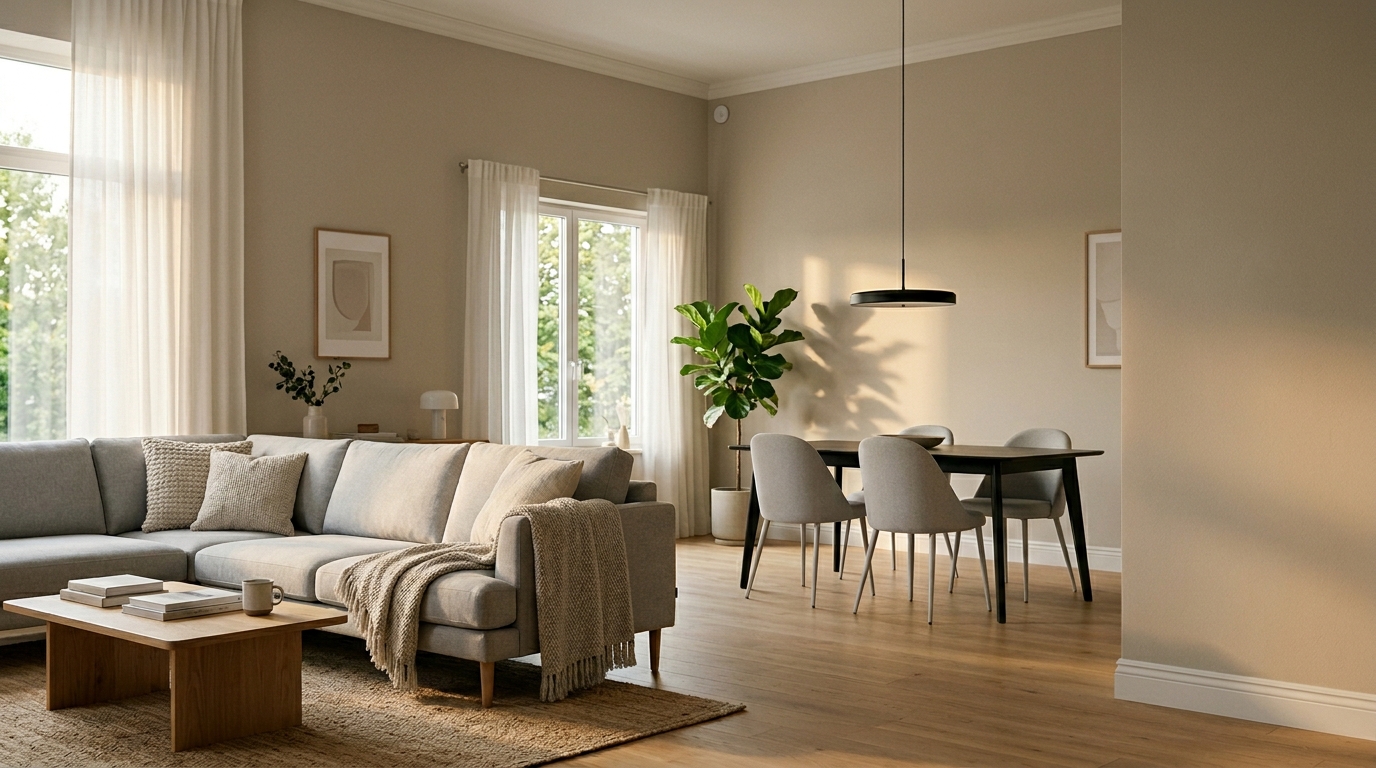 Sensor instalado cerca de una zona de comedor | PROMPT: Vista de ángulo medio de un salón-comedor moderno. En una esquina de la pared, cerca del techo, se ve un pequeño dispositivo circular discreto. No hay personas. La iluminación es suave de tarde, destacando la integración del gadget en la decoración.