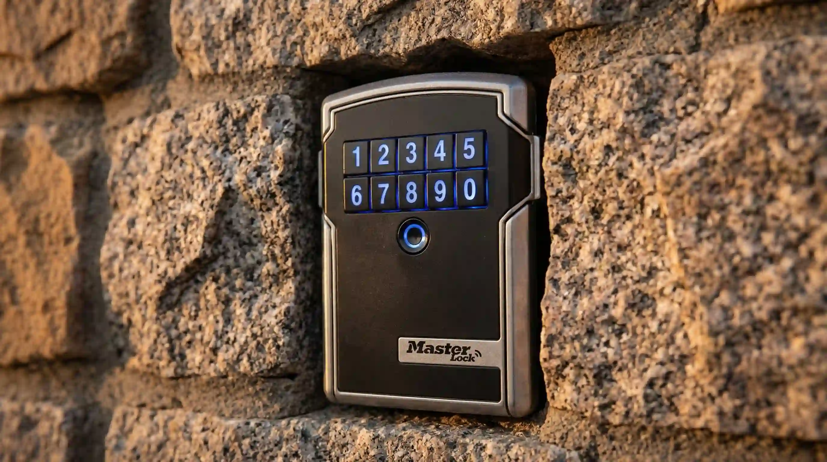 Caja fuerte para llaves inteligente instalada en fachada de piedra | PROMPT: Fotografía de una caja de seguridad para llaves Master Lock Smart de metal oscuro instalada en una pared de piedra clara. Un smartphone se muestra cerca del dispositivo indicando la apertura por Bluetooth. Luz de atardecer, estilo de seguridad residencial de gama alta.