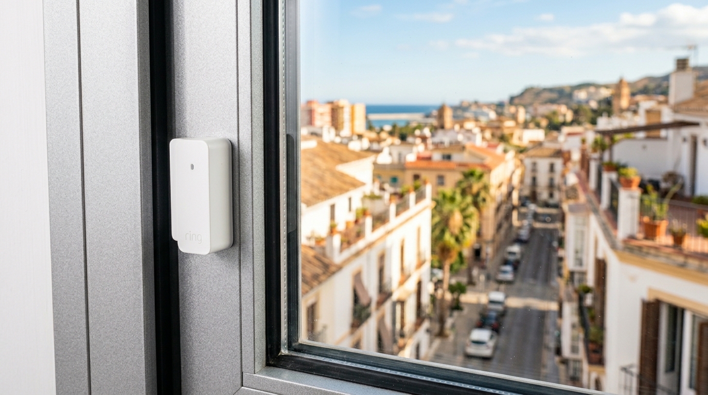 Instalación de sensor de ventana en marco de aluminio | PROMPT: Fotografía de primer plano de un sensor de ventana blanco minimalista instalado en el marco de una ventana de aluminio gris. El sensor es pequeño y discreto. Al fondo, a través del cristal, se ve una ciudad española soleada. Luz natural clara, enfoque nítido en el dispositivo.