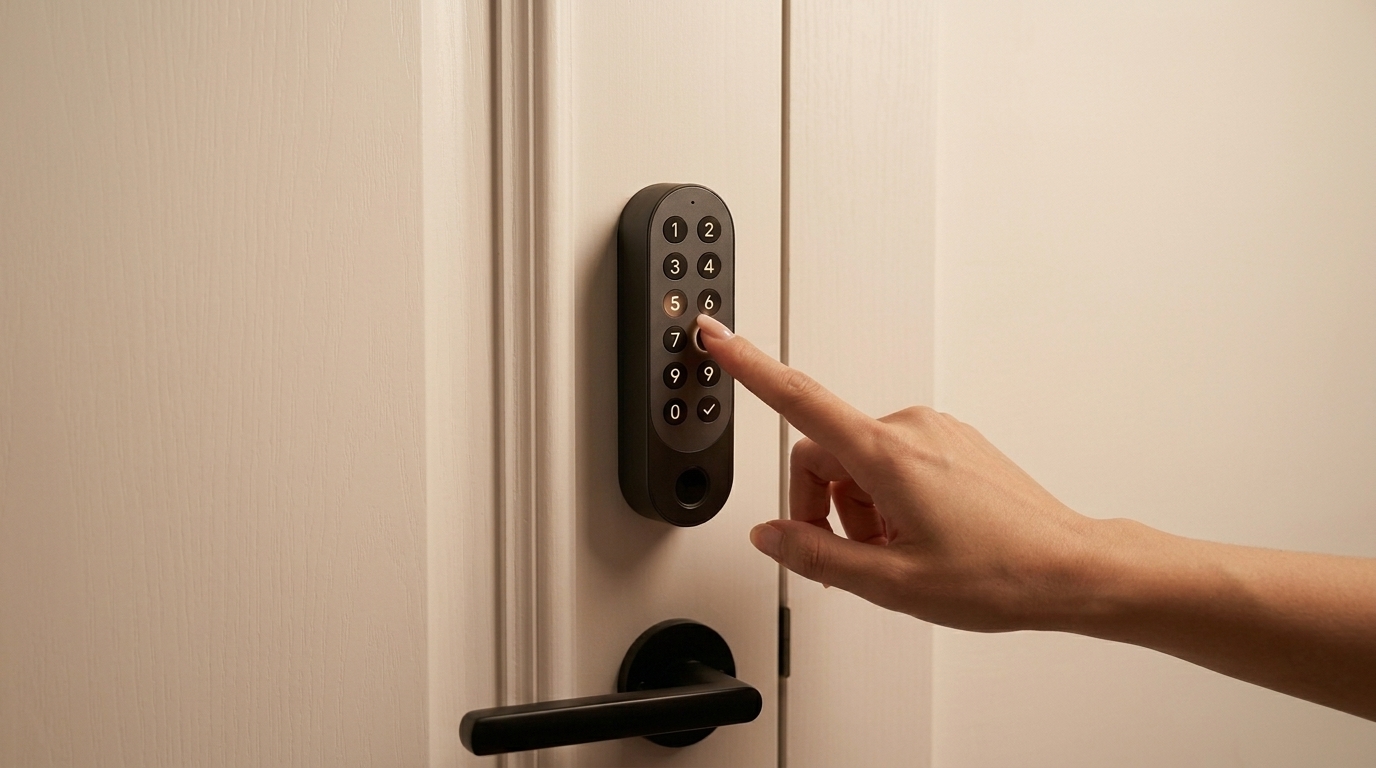 Huésped entrando a un apartamento mediante código en teclado numérico