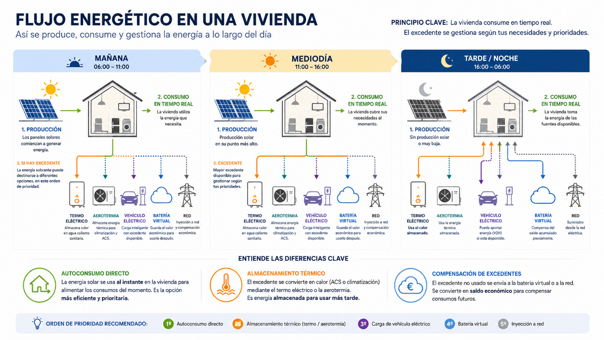 Flujo energético de una vivienda con placas solares, consumo, importación, excedentes y cargas flexibles