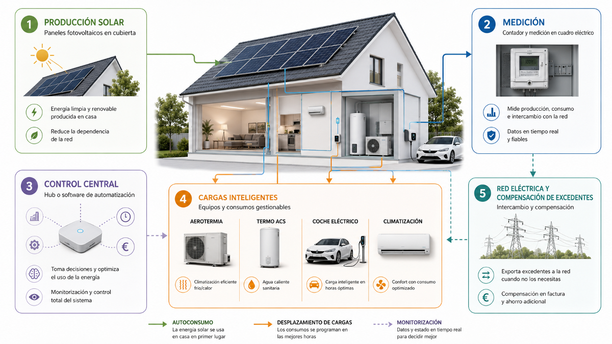 Arquitectura de un sistema de gestión energética doméstica con medición, plataforma central, reglas, actuadores y estado seguro