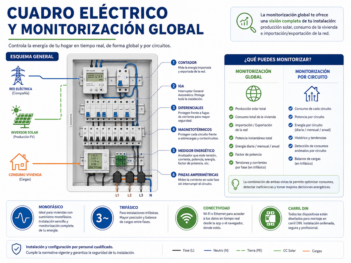 Comparación entre medición eléctrica global, medición de cargas principales y monitorización por circuitos