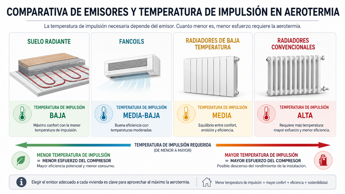 Comparación del rendimiento de aerotermia con suelo radiante, fancoils y radiadores según la temperatura de impulsión