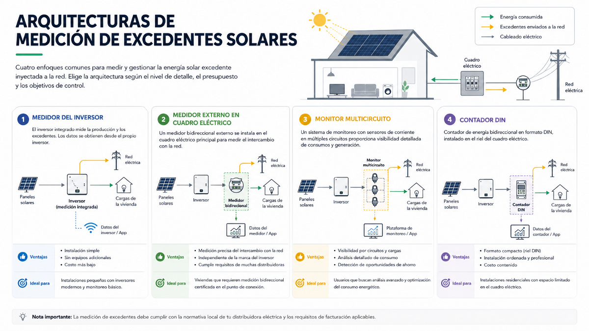 Arquitecturas para medir excedentes solares con medidor del inversor, medidor externo, monitor multicircuito y contador DIN
