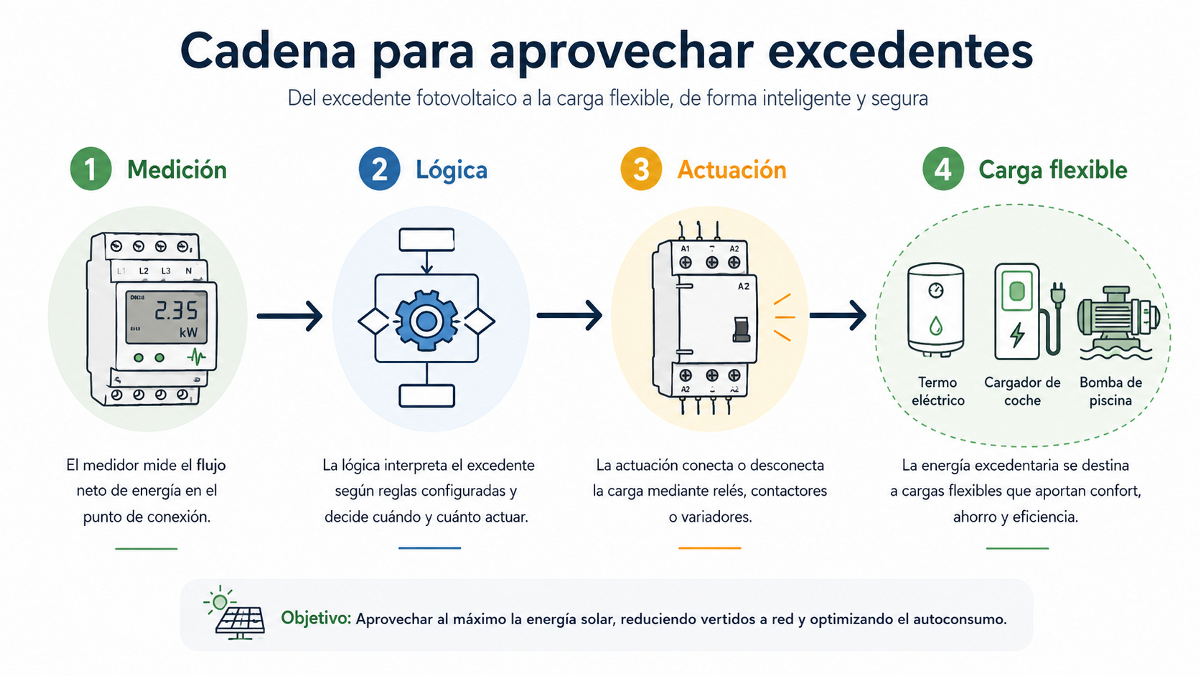 Flujo para aprovechar excedentes solares desde la medición hasta la lógica, el actuador y la carga flexible