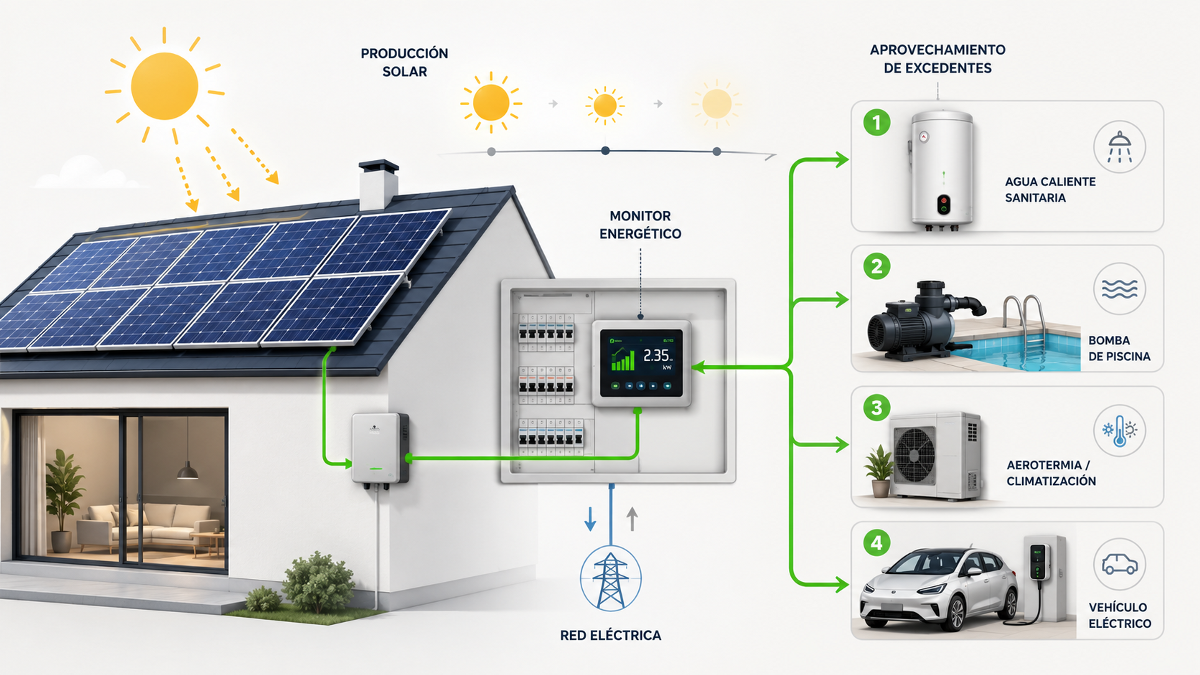 Vivienda con placas solares que distribuye excedentes hacia termo eléctrico, coche, piscina y aerotermia