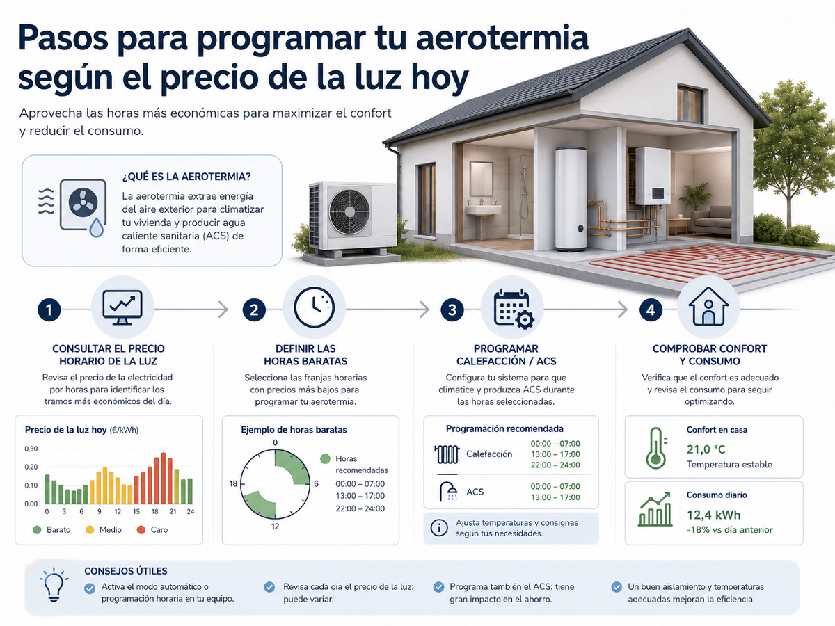 Vivienda con placas solares, aerotermia y suelo radiante que desplaza consumo hacia una ventana horaria favorable