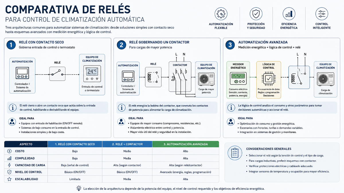 Árbol de decisión para elegir entre contacto seco, salida alimentada, contactor, controlador infrarrojo y pasarela de climatización