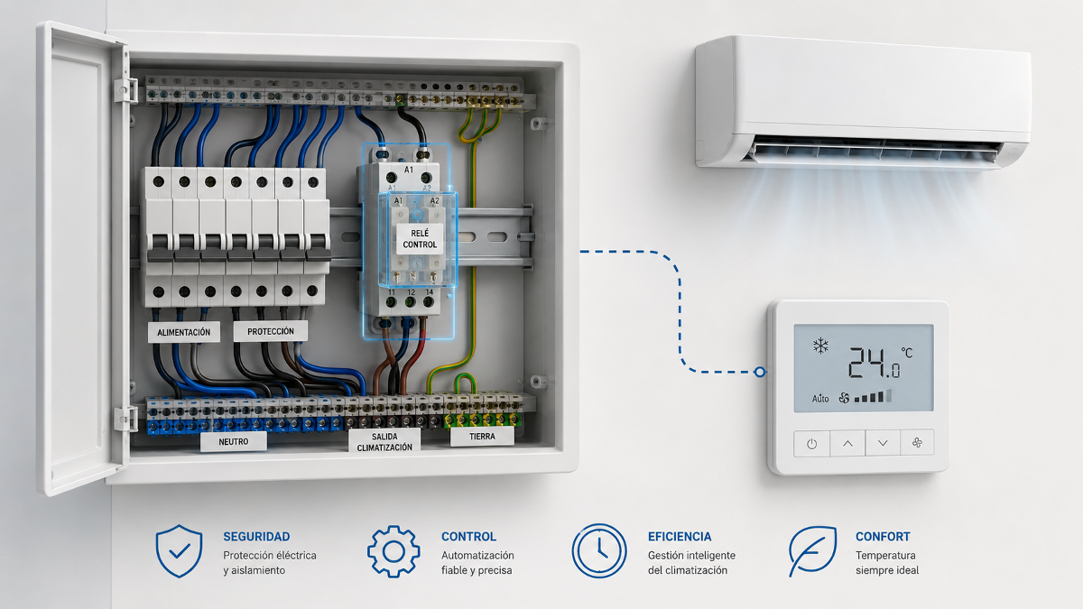 Ilustración de una vivienda con split, caldera, fancoil, válvula y aerotermia controlados mediante interfaces diferentes