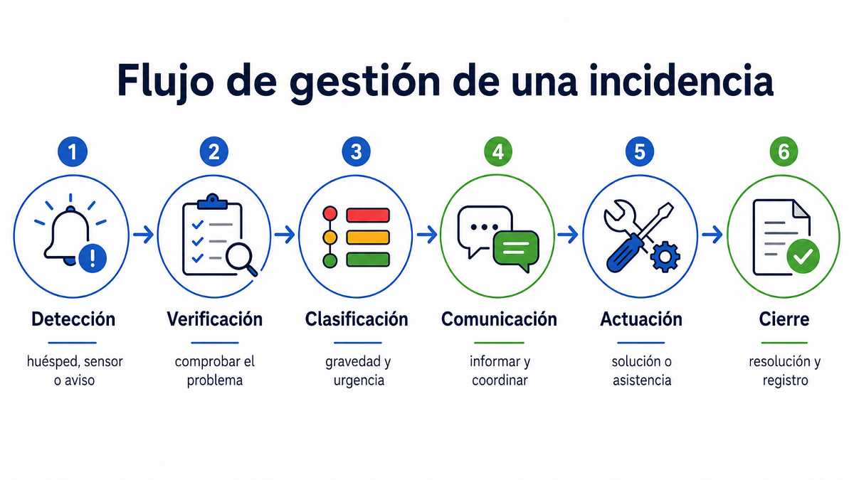Flujo de detección, clasificación, asignación, resolución y cierre de una incidencia en un apartamento turístico