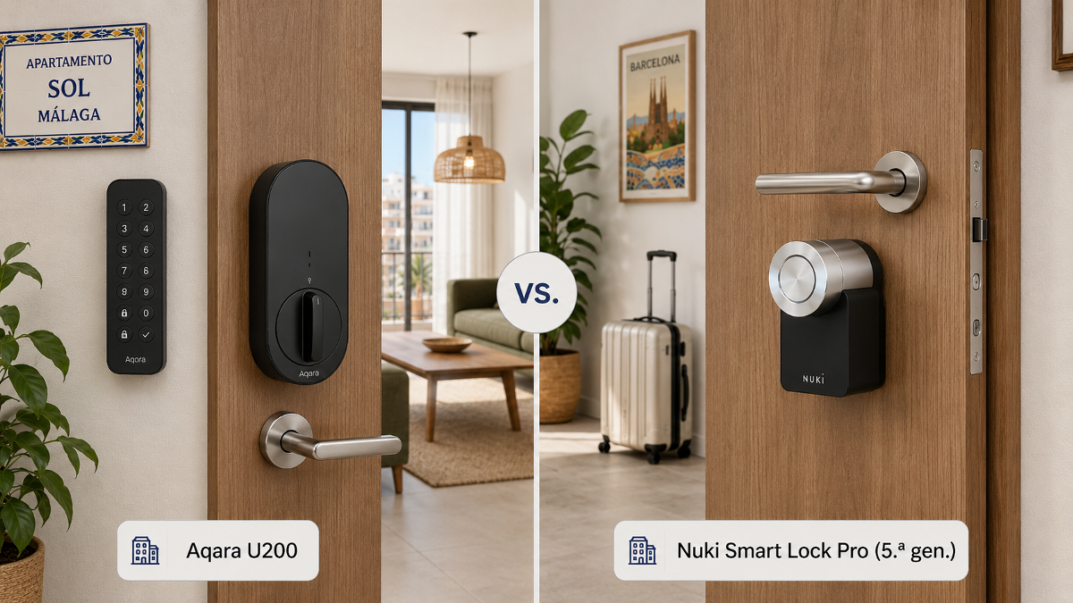 Comparativa visual entre Aqara U200 y Nuki Smart Lock Pro 5.ª generación para un Airbnb