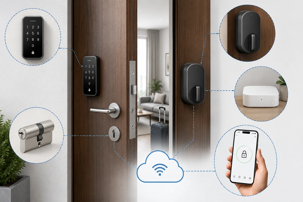 Componentes de una cerradura inteligente para Airbnb: motor, teclado, hub, cilindro y acceso remoto