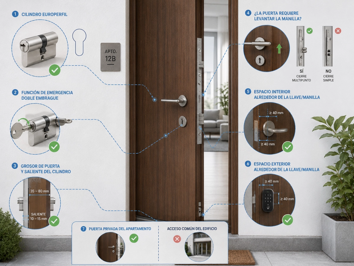 Puntos que deben comprobarse en una puerta y un cilindro europeo antes de instalar una cerradura inteligente